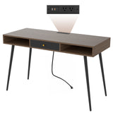 Mid Century Desk with USB Ports and Power Outlet, Modern Writing Study Desk with Drawers, Multifunctional Home Office Computer Desk Walnut