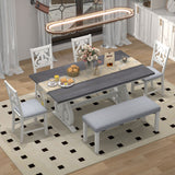 6-Piece Wooden Dining Table Set, Farmhouse Rectangular Dining Table, Four Chairs with Exquisitely Designed Hollow Chair Back and Bench for Home Dining Room