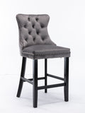 Contemporary Velvet Upholstered Barstools with Button Tufted Decoration and Wooden Legs, and Chrome Nailhead Trim, Leisure Style Bar