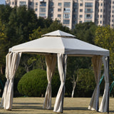 Outdoor Patio Hexagon Gazebo with Polyester Curtain Side Wall, Double Roofs for Decks, Poolsides, Gardens, Beige