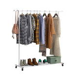 Garment Rack With Wheels;  Clothing Rack with Mesh Storage Shelf;  Capacity 100 lbs;  2 Brakes;  Sturdy Steel Frame;  White