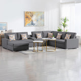 Gray Linen Fabric 7Pc Reversible Chaise Sectional Sofa with a USB, Charging Ports, Cupholders, Storage Console Table and Pillows and Interchangeable Legs
