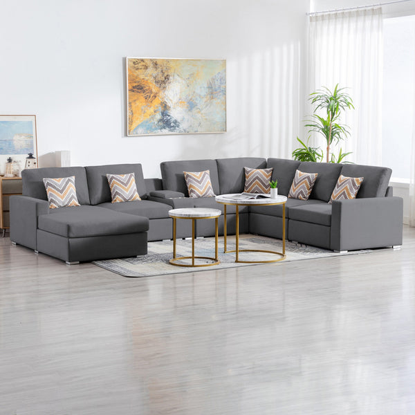 Gray Linen Fabric 7Pc Reversible Chaise Sectional Sofa with a USB, Charging Ports, Cupholders, Storage Console Table and Pillows and Interchangeable Legs
