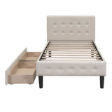Twin Size Upholstered Platform Bed with 2 Drawers, Beige