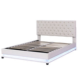 Queen Size Storage Upholstered Platform Bed with Adjustable Tufted Headboard and LED Light, Beige