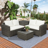 4 PCS Outdoor Cushioned PE Rattan Wicker Sectional Sofa Set Garden Patio Furniture Set Beige
