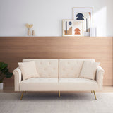 Beige velvet nail head sofa bed with throw pillow and midfoot