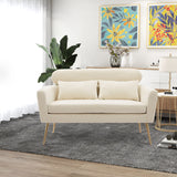 Beige Loveseat Small Sofa, With 2 Throw Pillows, Gold Metal Legs