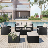 6-piece All-Weather Wicker rattan Patio Outdoor Dining Sectional Set with coffee table, wicker sofas, ottomans, removable cushions (Black wicker, Beige cushion)