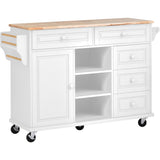 K&K kitchen cart with Rubber wood desktop rolling mobile kitchen island with storage and 5 draws