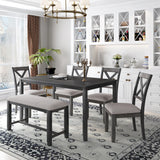 6-Piece Kitchen Dining Table Set Wooden Rectangular Dining Table, 4 Fabric Chairs and Bench Family Furniture (Grey)