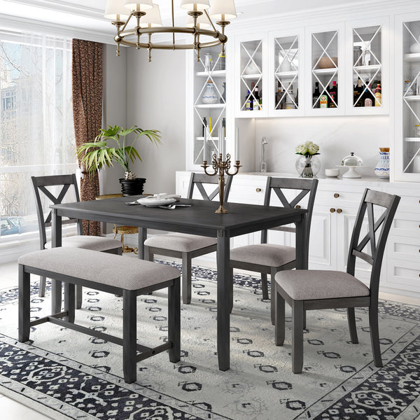 6-Piece Kitchen Dining Table Set Wooden Rectangular Dining Table, 4 Fabric Chairs and Bench Family Furniture (Grey)