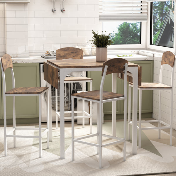 Farmhouse 5-piece Counter Height Drop Leaf Dining Table Set with Dining Chairs for 4,White Frame + Rustic Brown Tabletop