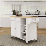 Double Door Kitchen Island with Lockable Wheels, Towel Rack, Storage Drawer and Three Open Shelves
