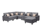 Gray Linen Fabric 7Pc Reversible Chaise Sectional Sofa with a USB, Charging Ports, Cupholders, Storage Console Table and Pillows and Interchangeable Legs