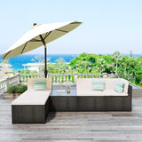 5-Piece Patio Rattan PE Wicker Furniture Corner Sofa Set, with 2 Sofa chairs, 1 Corner chair, 1 ottoman and 1 glass coffee table, Sectional Sofa Chair, Seating, Lying(Black Wicker, Beige Cushion)