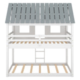 Twin over Twin Size Low Bunk Beds with Roof and Fence-shaped Guardrail, White