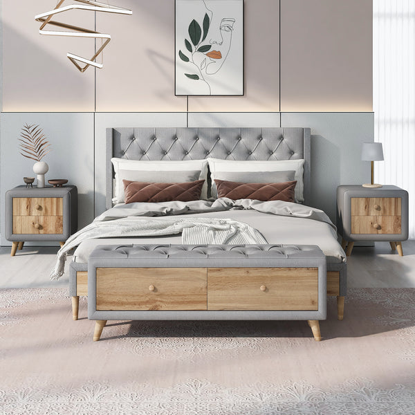 Queen Size Upholstered Platform Bed with Two Nightstands and Storage Bench