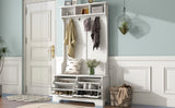 All in One Hall Tree with 3 Top Shelves and 2 Flip Shoe Storage Drawers, Wood Hallway Organizer with Storage Bench and Metal Hanging Hooks, White