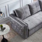 Sectional sofa with pulled out bed,  2 seats sofa and reversible chaise with storage, both hands with copper nail, GREY, (91" x 64" x 37")