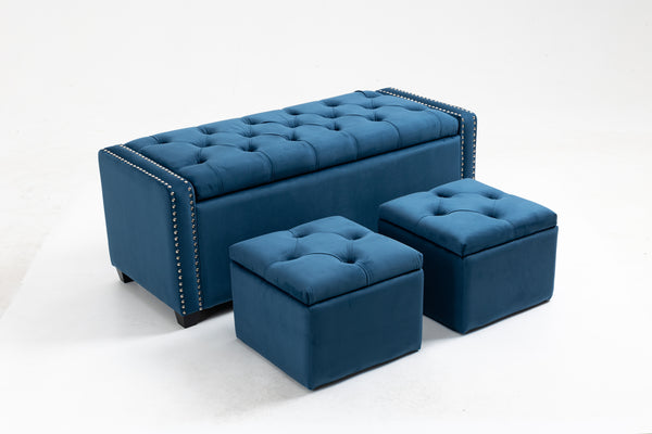 Set of 3 47.5" Wide Upholstered Storage Ottoman with Tufted Top and Solid Wood Legs TEAL