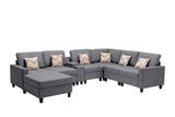Gray Linen Fabric 7Pc Reversible Chaise Sectional Sofa with a USB, Charging Ports, Cupholders, Storage Console Table and Pillows and Interchangeable Legs