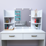 Large Vanity Desk with Mirror and Lights, Makeup Vanity Table with 10 Light Bulbs, 2 Drawers, 6 Storage Shelves & Cushioned Stool, Makeup Vanity with Lights for Bedroom, White