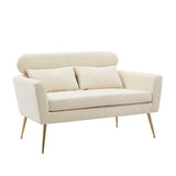 Beige Loveseat Small Sofa, With 2 Throw Pillows, Gold Metal Legs