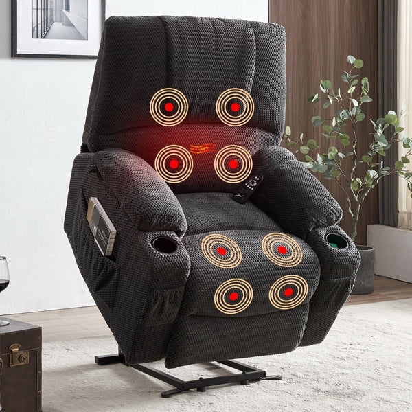 Large size Electric Power Lift Recliner Chair Sofa for Elderly, 8 point vibration Massage and lumber heat, Remote Control, 2 Side Pockets and Cup Holders, cozy fabric overstuffed arm, heavy duty 230LB