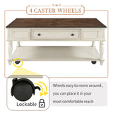 ON-TREND Two-tone Retro Cocktail Table Coffee Table Easy Assembly Movable with Caster Wheels for Livingroom (Antique White)