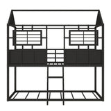 Twin over Twin Size Metal Low Bunk Beds with Roof and Fence-shaped Guardrail, Black