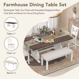 6-Piece Wooden Dining Table Set, Farmhouse Rectangular Dining Table, Four Chairs with Exquisitely Designed Hollow Chair Back and Bench for Home Dining Room