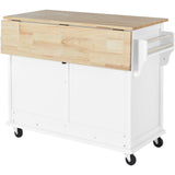 White Kitchen Island Cart with Rubber wood Drop-Leaf Countertop, adjustable height