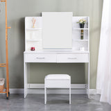 Large Vanity Desk with Mirror and Lights, Makeup Vanity Table with 10 Light Bulbs, 2 Drawers, 6 Storage Shelves & Cushioned Stool, Makeup Vanity with Lights for Bedroom, White