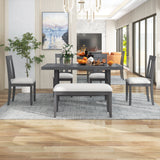 Rustic Farmhouse 6-Piece Wooden Rustic Style Dining Set, Including Table, 4 Chairs & Bench