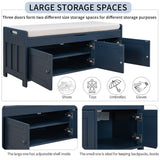 TREXM  Storage Bench with 3 Shutter-shaped Doors,  Shoe Bench with Removable Cushion and Hidden Storage Space (Antique Navy)