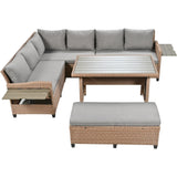 5-Piece Outdoor Patio Rattan Sofa Set, Sectional PE Wicker L-Shaped Garden Furniture Set with 2 Extendable Side Tables, Dining Table and Washable Covers for Backyard, Poolside, Indoor