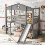 Twin over Twin House Bunk Bed with Convertible Slide and Ladder,Converts into 2 Separate Platform Beds,Gray