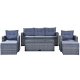 Wicker PE rattan Patio Outdoor Dining Conversation Sectional Set with coffee table, wicker sofas, ottomans,  removable cushions (Dark grey wicker, Light grey cushion)
