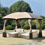 Outdoor Double Vents Gazebo Patio Metal Canopy with Screen and LED Lights for Backyard, Poolside, Brown