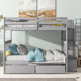 Full Over Full Bunk Bed with 2 Drawers and Staircase