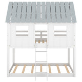 Twin over Twin Size Low Bunk Beds with Roof and Fence-shaped Guardrail, White