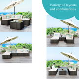 5-Piece Patio Rattan PE Wicker Furniture Corner Sofa Set, with 2 Sofa chairs, 1 Corner chair, 1 ottoman and 1 glass coffee table, Sectional Sofa Chair, Seating, Lying(Black Wicker, Beige Cushion)