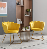 Zen Zone Velvet Accent/Conversation Lounge Chair With Iron Metal Gold Plated Legs, Suitable For Office, Lounge, Living Room, Set of 2, Yellow