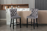 Contemporary Velvet Upholstered Barstools with Button Tufted Decoration and Wooden Legs, and Chrome Nailhead Trim, Leisure Style Bar