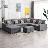 Gray Linen Fabric 7Pc Reversible Chaise Sectional Sofa with Interchangeable Legs, Pillows and Storage Ottoman