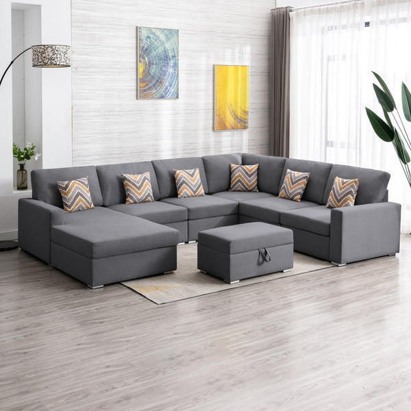 Gray Linen Fabric 7Pc Reversible Chaise Sectional Sofa with Interchangeable Legs, Pillows and Storage Ottoman
