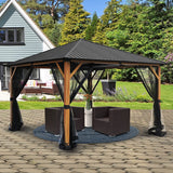 12 ft. x 12 ft. Wood Grain Metal Outdoor Patio Gazebo with Metal Roof, Mosquito Netting