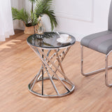 Set of 1 Round Glass Top Side Table for Living Room- Black Grey Tempered Glass & Silver Stainless Steel Frame, 19.5" Modern Spiral Center Table Small Coffee Table End Table for Bedroom Guestroom