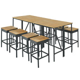 GO 10-Piece Outdoor Patio Wicker Bar Set, Garden PE Rattan Wicker Dining Table, Square Stool Set, Foldable Tabletop, Acacia Wood Tabletop, High-Dining Bistro Set with 8 Stools And 2 Wood Table, Brown
